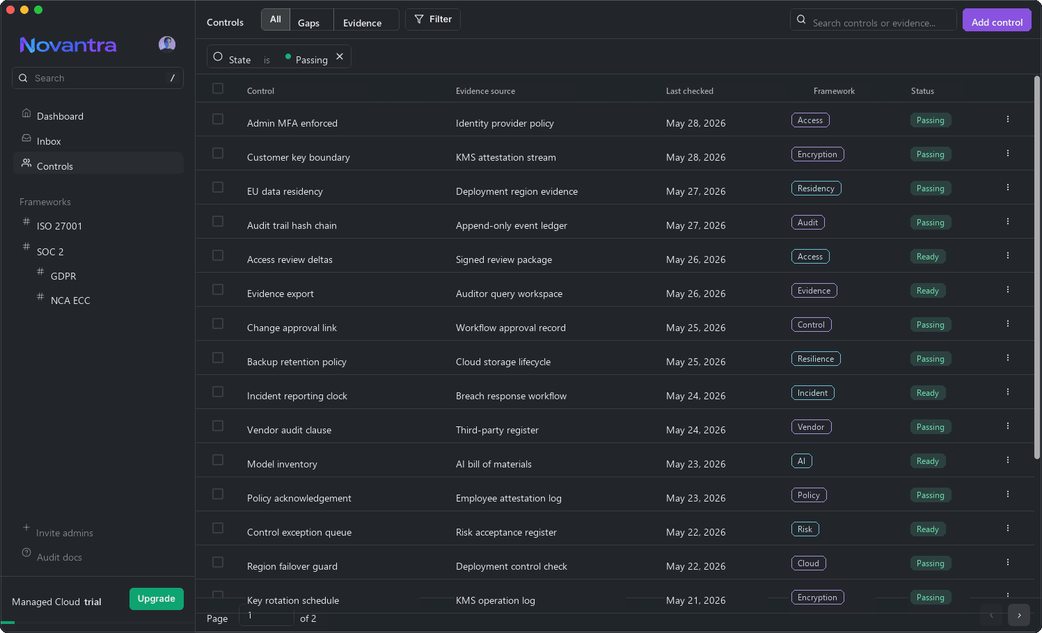 Screenshot of the Novantra dashboard