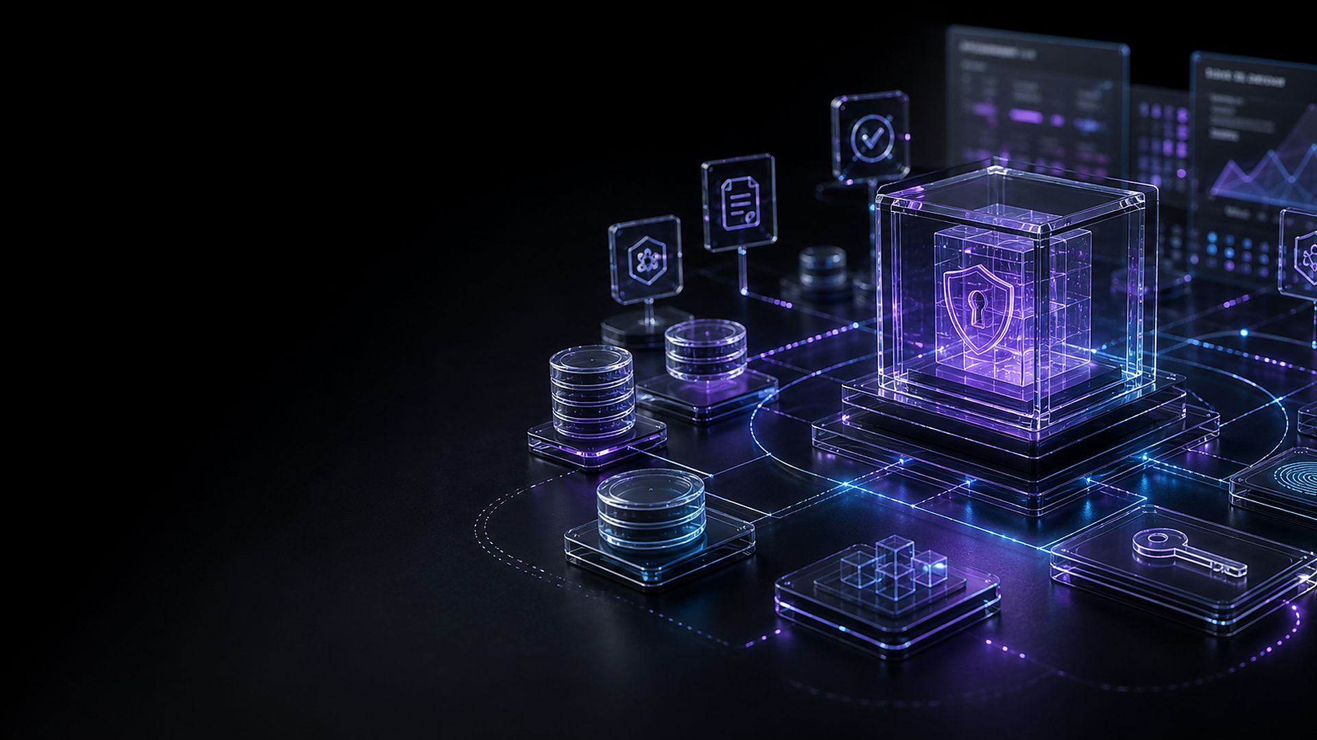 Illustration of Novantra's governance operating layer — frameworks, controls, evidence, and audit packages flowing through a glass-effect dashboard.